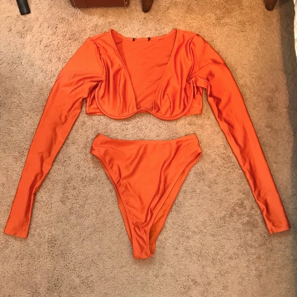 Shiny Rust Bikini Long Sleeve Top, High Waisted Bottoms PrettyLittleThing XS - Picture 2 of 5